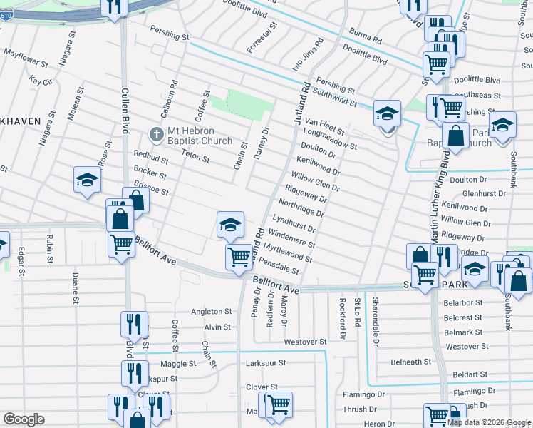 map of restaurants, bars, coffee shops, grocery stores, and more near 7922 Jutland Road in Houston