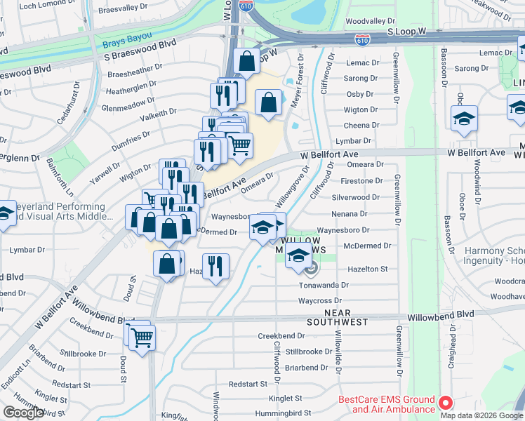 map of restaurants, bars, coffee shops, grocery stores, and more near 10310 Willowgrove Drive in Houston