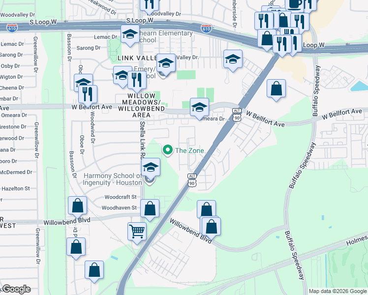 map of restaurants, bars, coffee shops, grocery stores, and more near 16 Charleston Park Drive in Houston