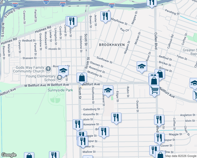 map of restaurants, bars, coffee shops, grocery stores, and more near 4207 Shelby Circle in Houston