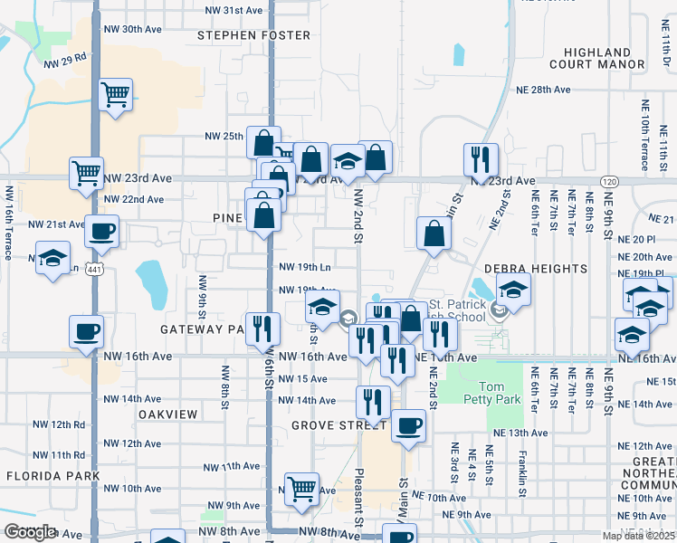 map of restaurants, bars, coffee shops, grocery stores, and more near 225 Northwest 19th Lane in Gainesville
