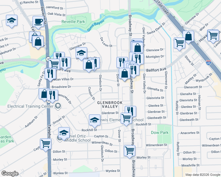 map of restaurants, bars, coffee shops, grocery stores, and more near 7880 Broadview Drive in Houston