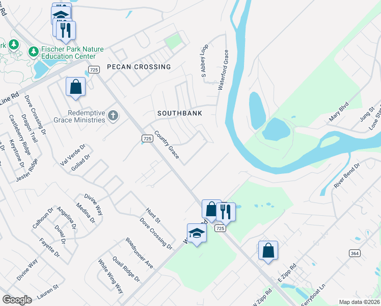 map of restaurants, bars, coffee shops, grocery stores, and more near 137 Country Grace South in New Braunfels