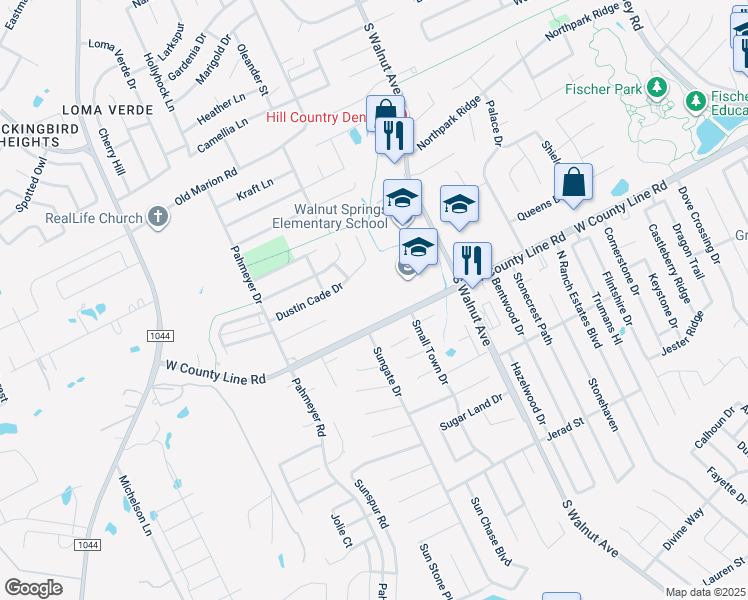 map of restaurants, bars, coffee shops, grocery stores, and more near 1360 West County Line Road in New Braunfels