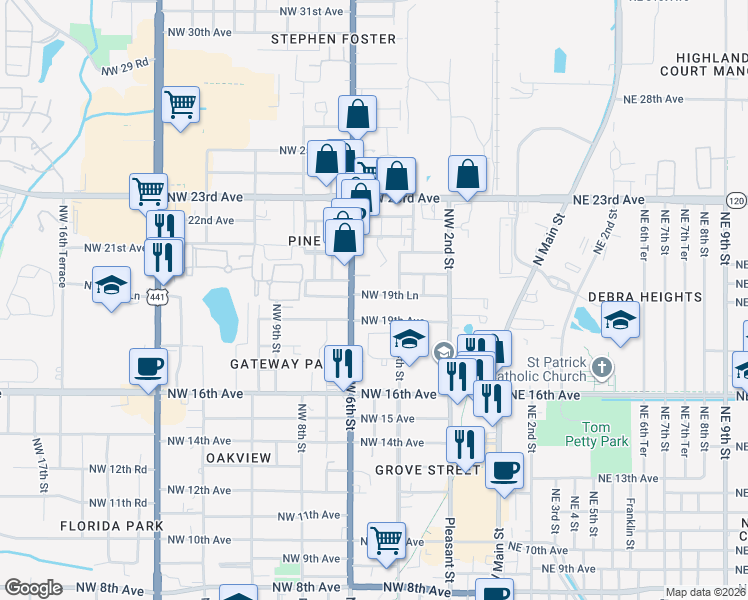 map of restaurants, bars, coffee shops, grocery stores, and more near 509 Northwest 19th Lane in Gainesville