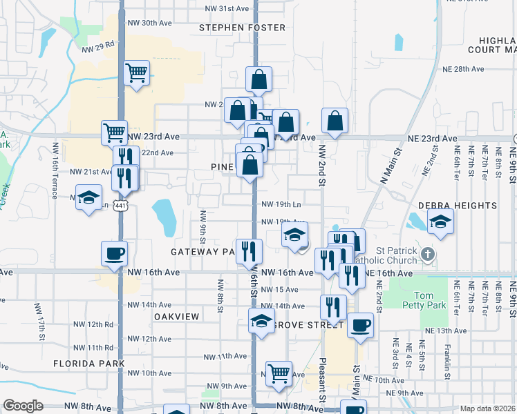 map of restaurants, bars, coffee shops, grocery stores, and more near 1921 Northwest 6th Street in Gainesville