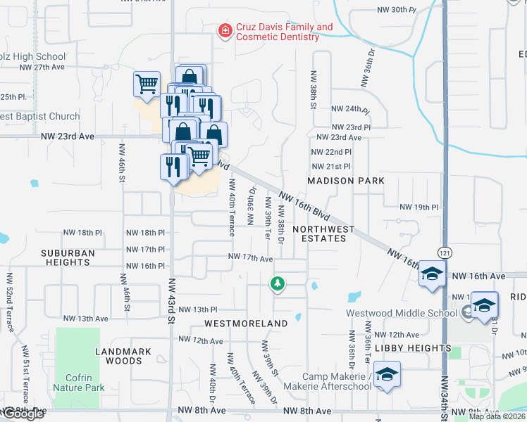 map of restaurants, bars, coffee shops, grocery stores, and more near 1847 Northwest 39th Terrace in Gainesville