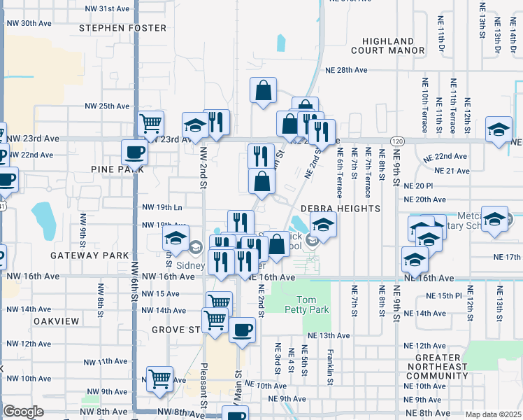 map of restaurants, bars, coffee shops, grocery stores, and more near 1931 North Main Street in Gainesville