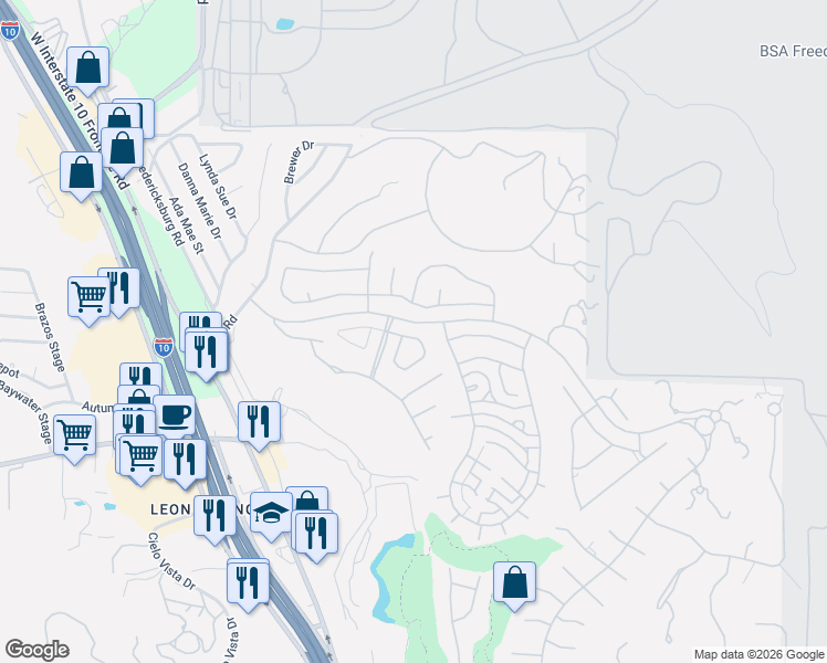 map of restaurants, bars, coffee shops, grocery stores, and more near 7110 Bluff Run in San Antonio