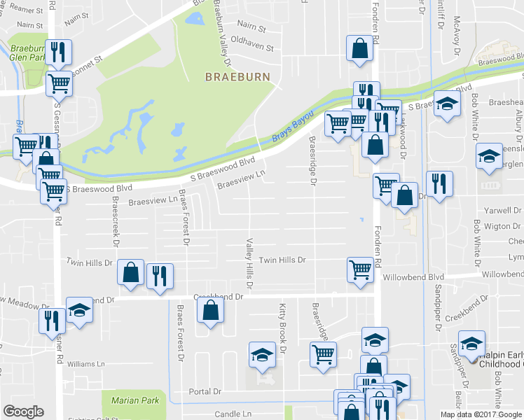 map of restaurants, bars, coffee shops, grocery stores, and more near 7818 Braesdale Lane in Houston