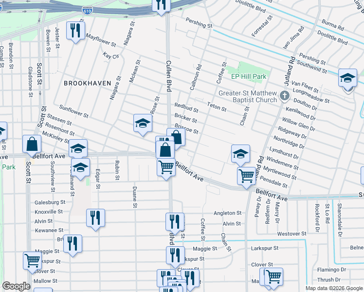 map of restaurants, bars, coffee shops, grocery stores, and more near 4813 Sunflower Street in Houston