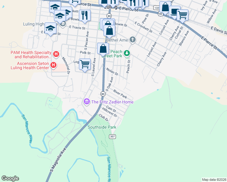map of restaurants, bars, coffee shops, grocery stores, and more near 116 River Park in Luling