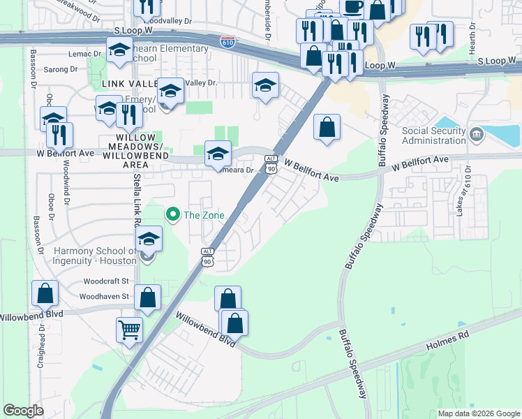map of restaurants, bars, coffee shops, grocery stores, and more near 10602 Clearview Villa Place in Houston