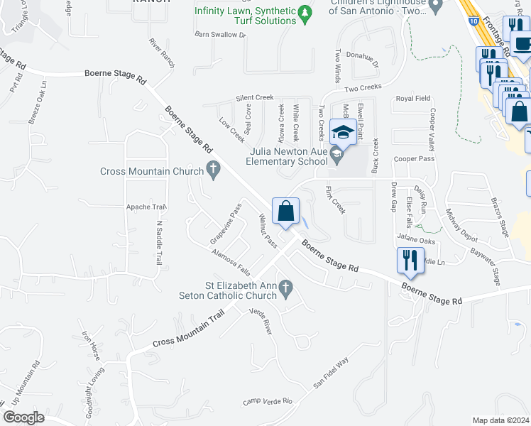 map of restaurants, bars, coffee shops, grocery stores, and more near 24518 Walnut Pass in San Antonio