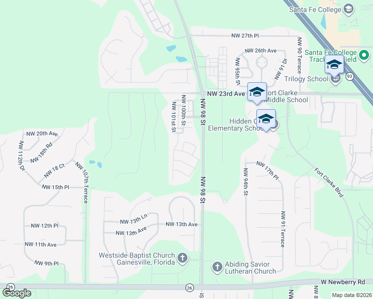 map of restaurants, bars, coffee shops, grocery stores, and more near 9916 Northwest 18th Road in Gainesville
