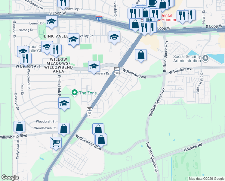 map of restaurants, bars, coffee shops, grocery stores, and more near 3470 Clearview Villa Way in Houston