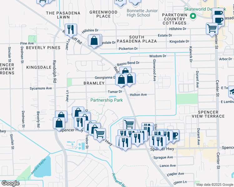 map of restaurants, bars, coffee shops, grocery stores, and more near 6610 Tamar Drive in Pasadena