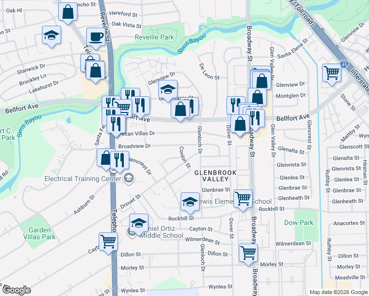 map of restaurants, bars, coffee shops, grocery stores, and more near 7834 Broadview Drive in Houston