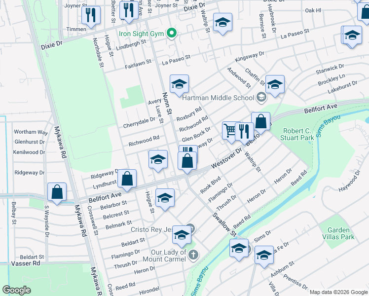 map of restaurants, bars, coffee shops, grocery stores, and more near 6714 Ridgeway Drive in Houston