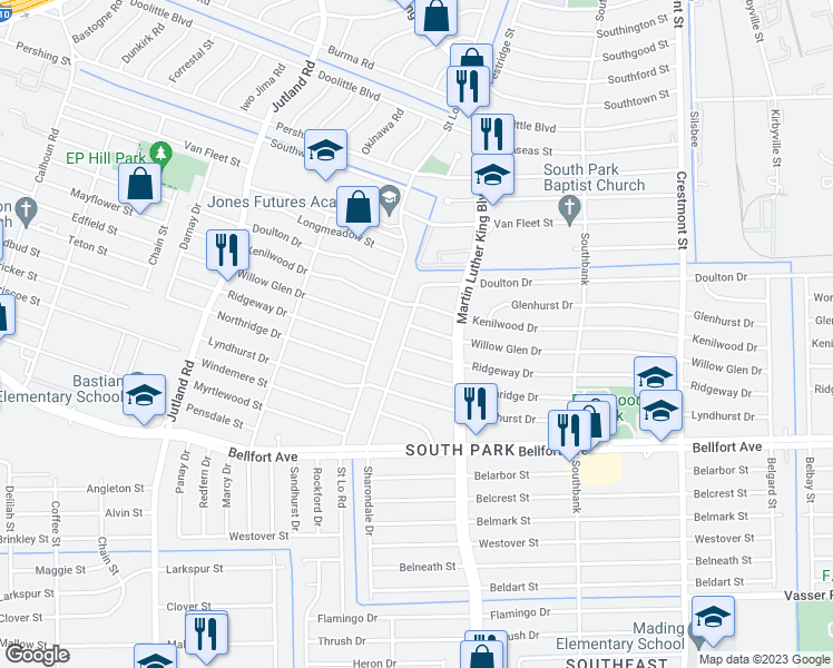 map of restaurants, bars, coffee shops, grocery stores, and more near 5614 Willow Glen Drive in Houston