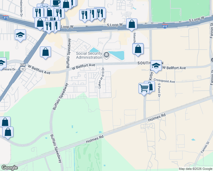 map of restaurants, bars, coffee shops, grocery stores, and more near 9111 Lakes at 610 Drive in Houston