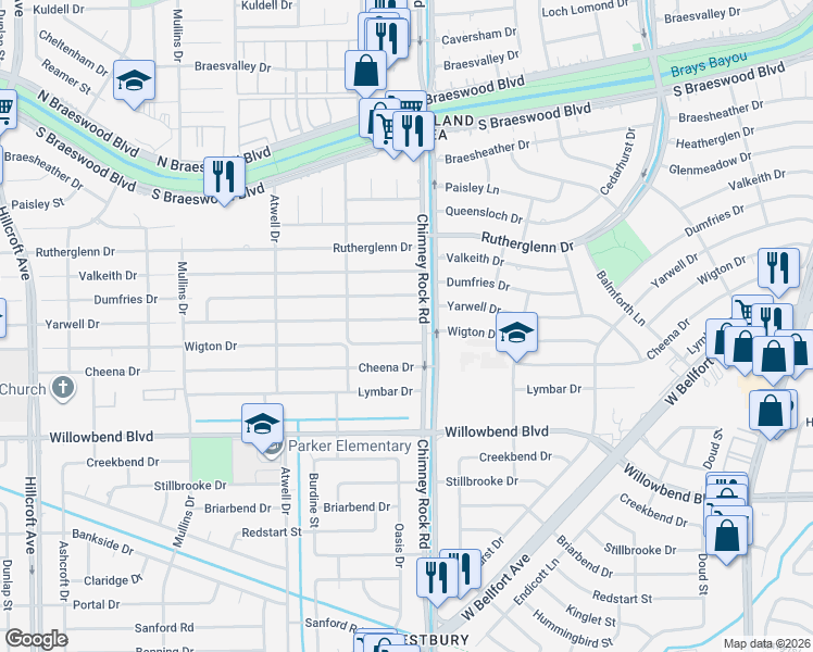 map of restaurants, bars, coffee shops, grocery stores, and more near 5422 Wigton Drive in Houston