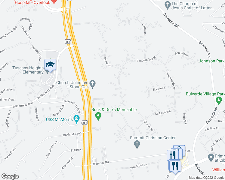 map of restaurants, bars, coffee shops, grocery stores, and more near 51 Sendero Verde Drive in San Antonio