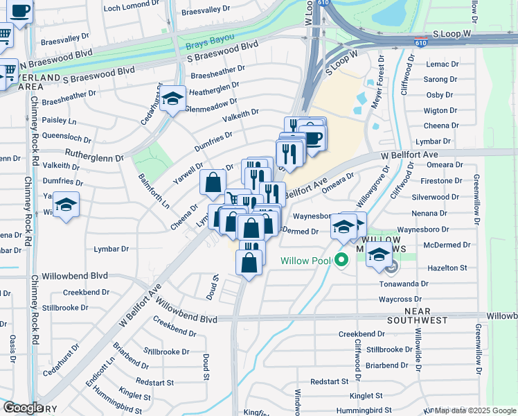 map of restaurants, bars, coffee shops, grocery stores, and more near 4933 West Bellfort Boulevard in Houston