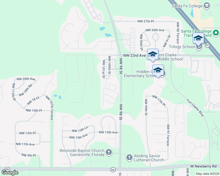 map of restaurants, bars, coffee shops, grocery stores, and more near 9916 Northwest 18th Road in Gainesville
