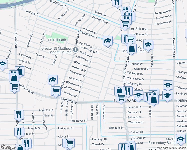 map of restaurants, bars, coffee shops, grocery stores, and more near 5319 Northridge Drive in Houston