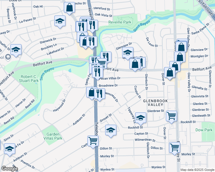 map of restaurants, bars, coffee shops, grocery stores, and more near 7636b Broadview Drive in Houston