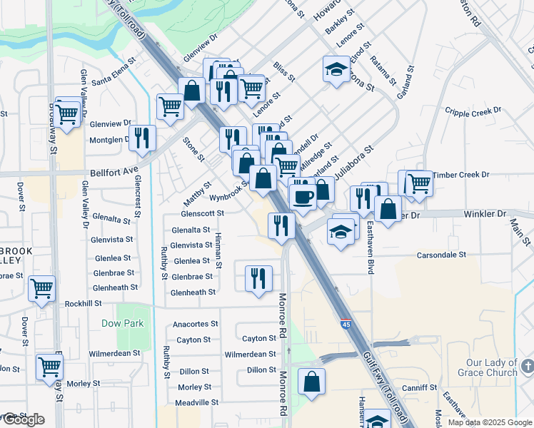 map of restaurants, bars, coffee shops, grocery stores, and more near 8341 Stone Street in Houston
