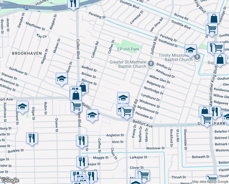 map of restaurants, bars, coffee shops, grocery stores, and more near 5048 Briscoe Street in Houston