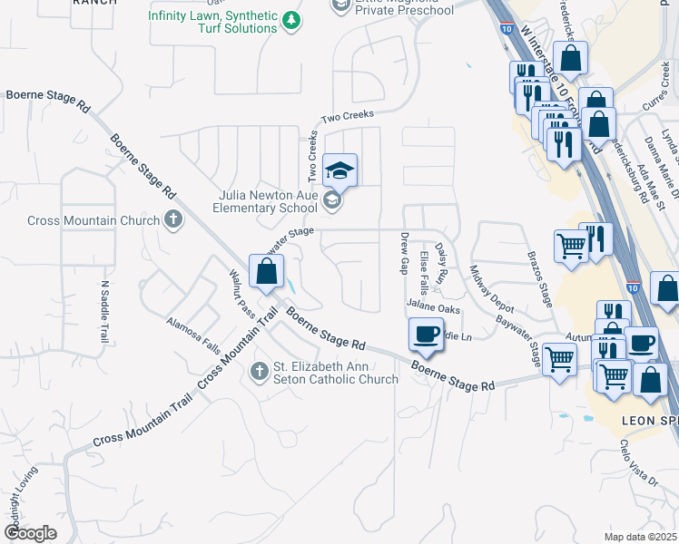 map of restaurants, bars, coffee shops, grocery stores, and more near Flint Creek in San Antonio