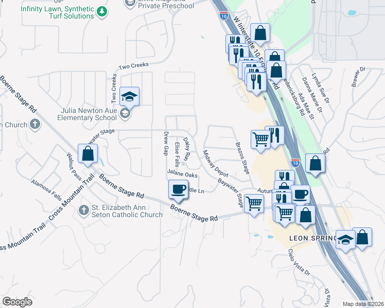 map of restaurants, bars, coffee shops, grocery stores, and more near 24418 Daisy Run in San Antonio
