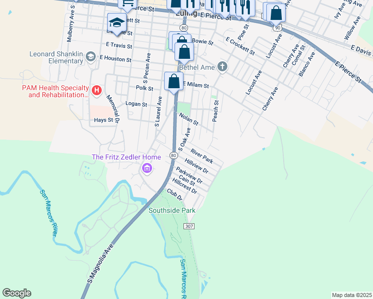 map of restaurants, bars, coffee shops, grocery stores, and more near 102 River Park in Luling