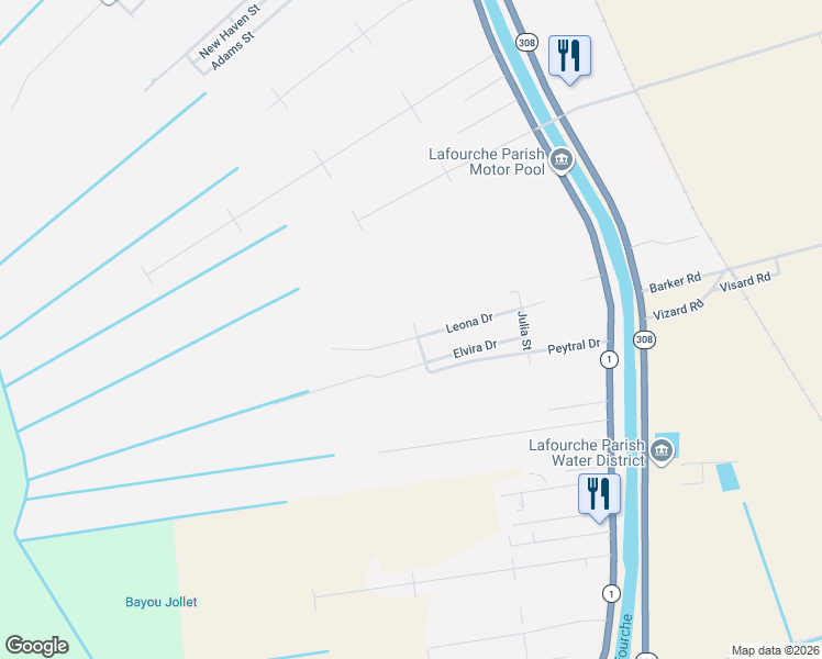 map of restaurants, bars, coffee shops, grocery stores, and more near 304 Leona Drive in Raceland