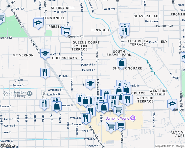 map of restaurants, bars, coffee shops, grocery stores, and more near 415 Betty Street in South Houston
