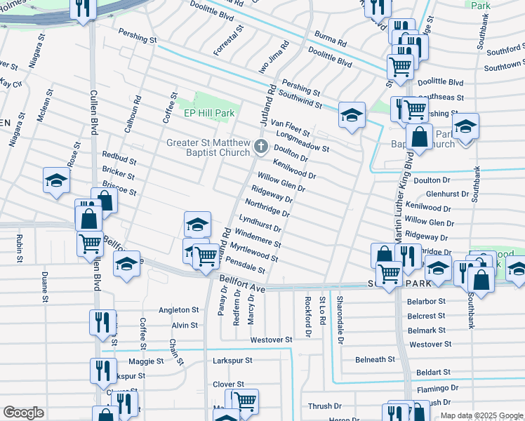map of restaurants, bars, coffee shops, grocery stores, and more near 5127 Lyndhurst Drive in Houston