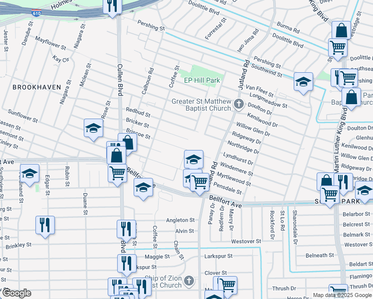 map of restaurants, bars, coffee shops, grocery stores, and more near 5048 Briscoe Street in Houston
