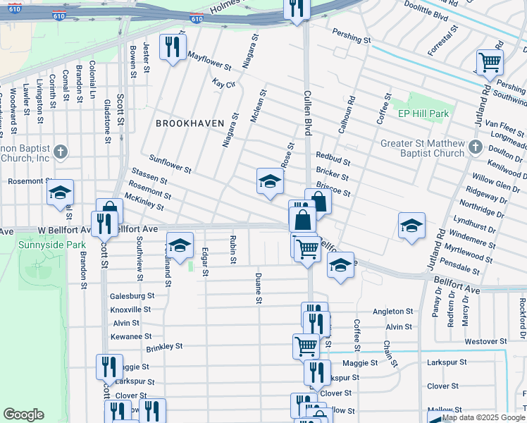 map of restaurants, bars, coffee shops, grocery stores, and more near 4639 Stassen Street in Houston