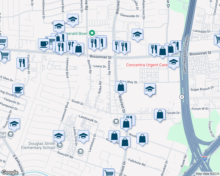 map of restaurants, bars, coffee shops, grocery stores, and more near 10010 Kinney Road in Houston