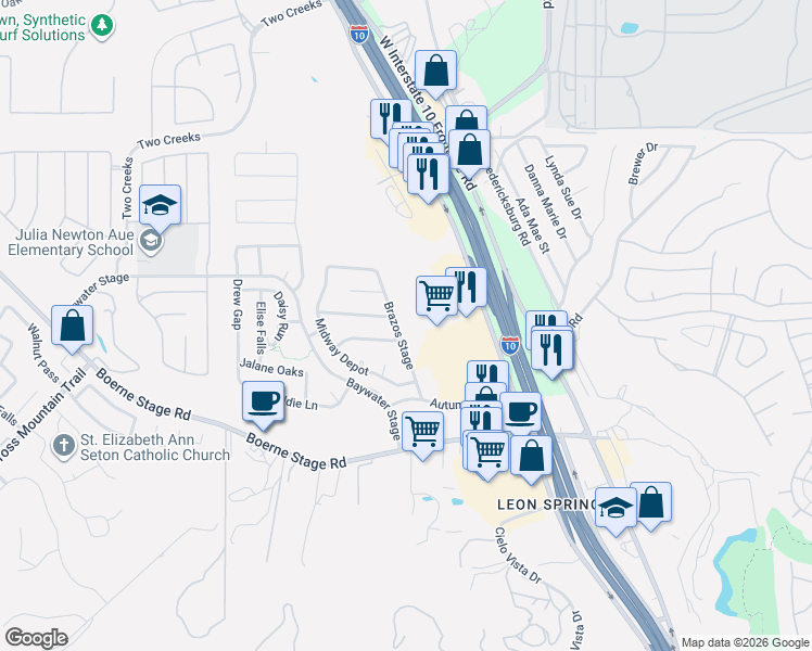 map of restaurants, bars, coffee shops, grocery stores, and more near 24502 Brazos Stage in San Antonio