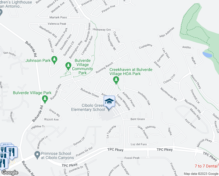 map of restaurants, bars, coffee shops, grocery stores, and more near 24618 Hickory Meadow in San Antonio