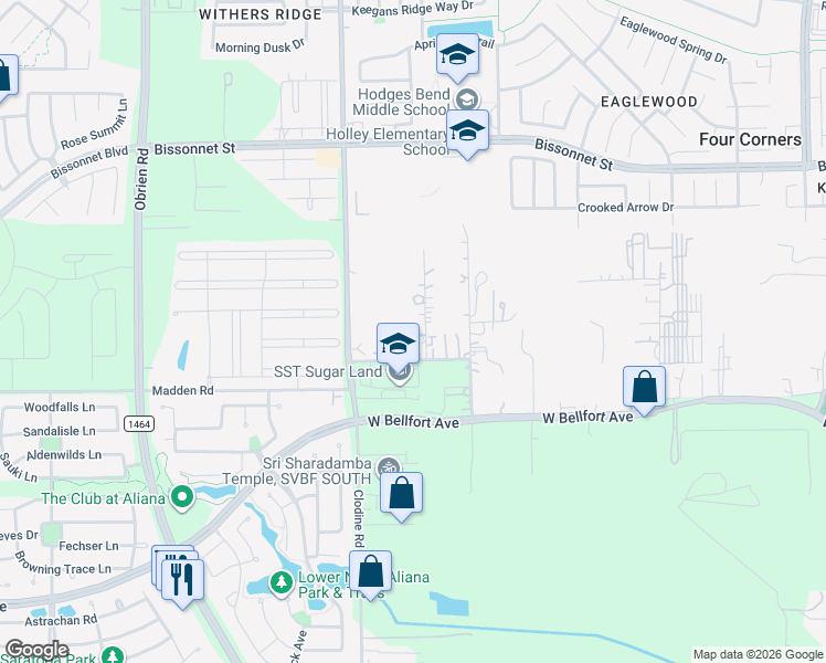 map of restaurants, bars, coffee shops, grocery stores, and more near 16606 Alice Foster Street in Sugar Land
