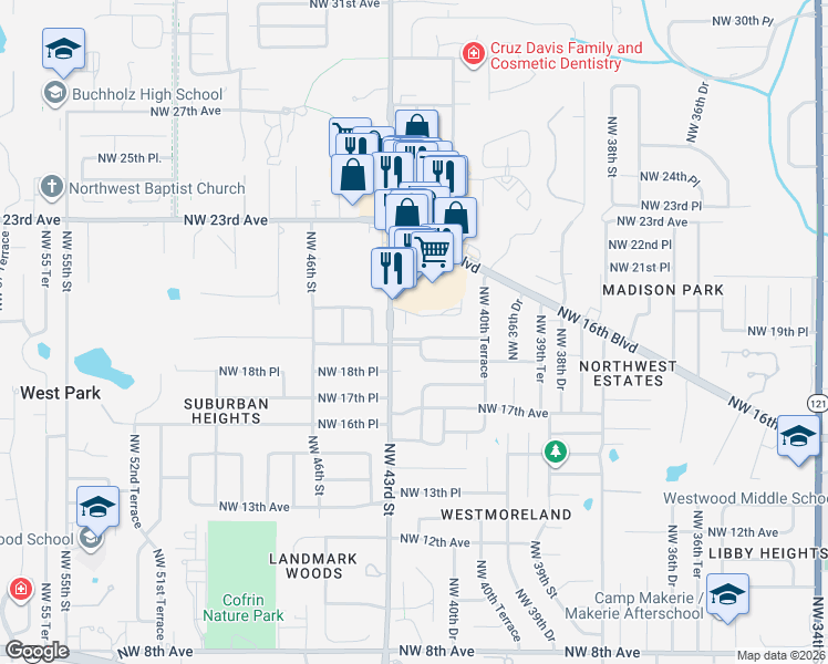 map of restaurants, bars, coffee shops, grocery stores, and more near 4115-4125 Northwest 19th Place in Gainesville