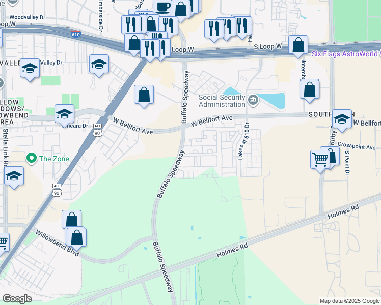 map of restaurants, bars, coffee shops, grocery stores, and more near 10201 Buffalo Speedway in Houston