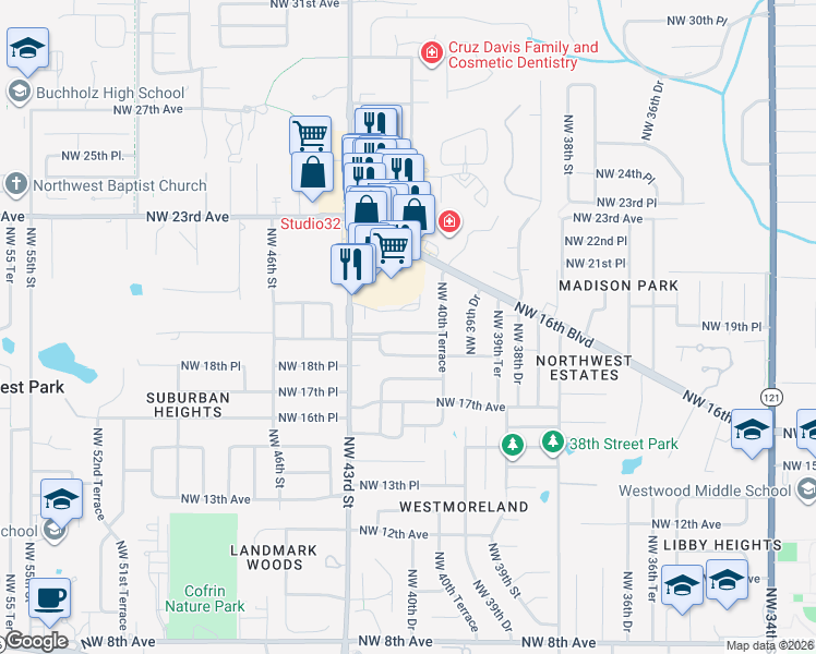 map of restaurants, bars, coffee shops, grocery stores, and more near 4019 Northwest 19th Place in Gainesville