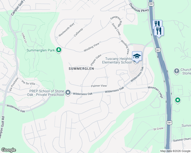 map of restaurants, bars, coffee shops, grocery stores, and more near 24623 Kemper Oaks in San Antonio