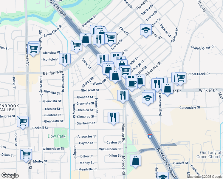 map of restaurants, bars, coffee shops, grocery stores, and more near 8341 Stone Street in Houston